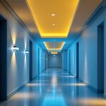 A photograph of a well-lit hallway featuring stylish recessed lighting
