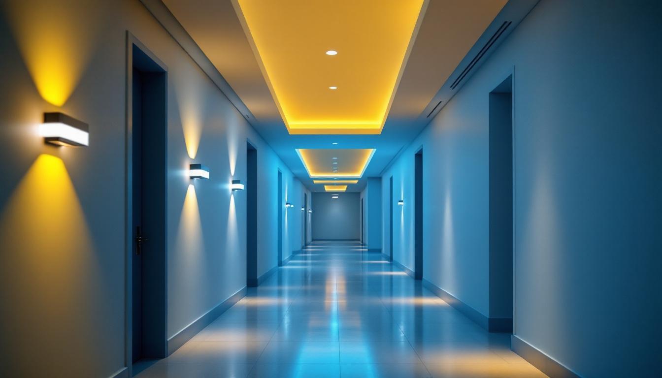 A photograph of a well-lit hallway featuring stylish recessed lighting