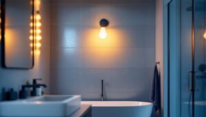 A photograph of a stylish yet affordable bathroom light fixture in a well-lit bathroom setting