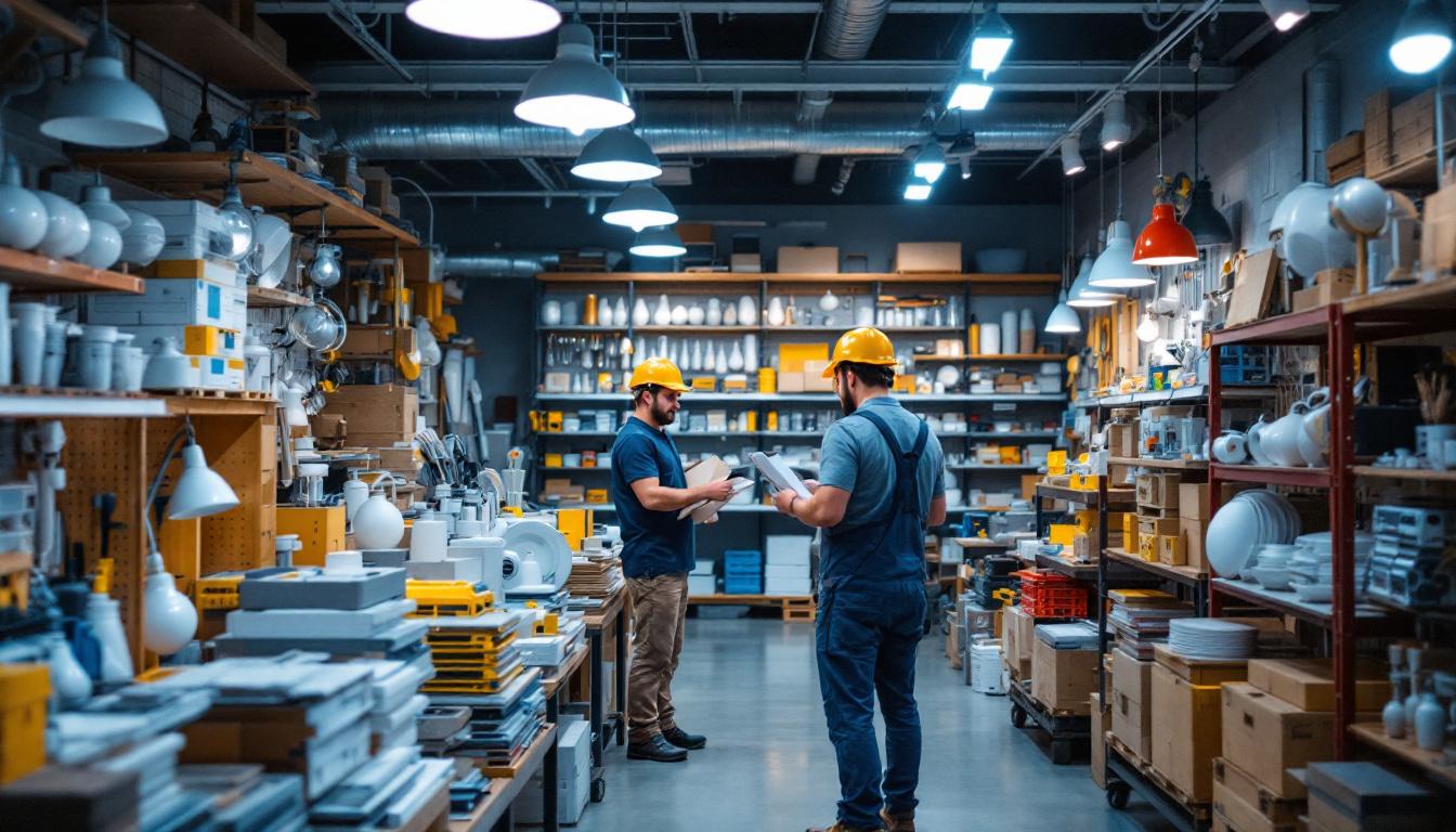 A photograph of a well-organized lighting supply store showcasing a variety of lighting fixtures
