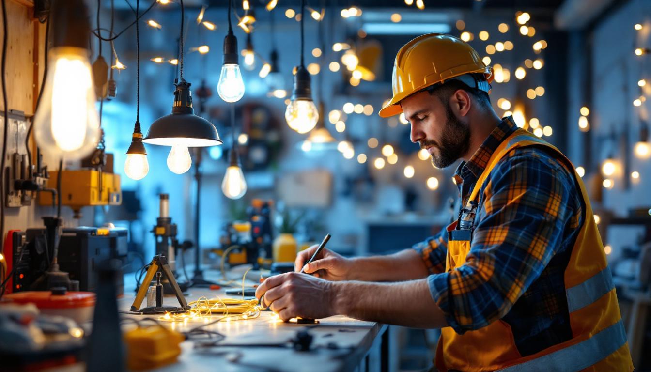 A photograph of a well-organized workspace featuring various types of work lights and string lights in use