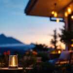 A photograph of a beautifully designed outdoor lamp illuminating a cozy patio setting at dusk