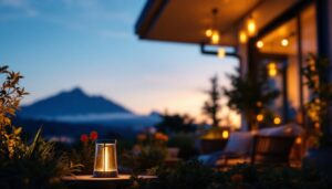A photograph of a beautifully designed outdoor lamp illuminating a cozy patio setting at dusk