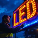 A photograph of a brightly lit outdoor sign showcasing vibrant led lights at dusk