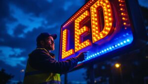 A photograph of a brightly lit outdoor sign showcasing vibrant led lights at dusk
