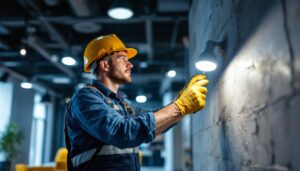 A photograph of a lighting contractor efficiently installing energy-saving led fixtures in a modern commercial space