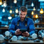 A photograph of a lighting contractor working in a workshop