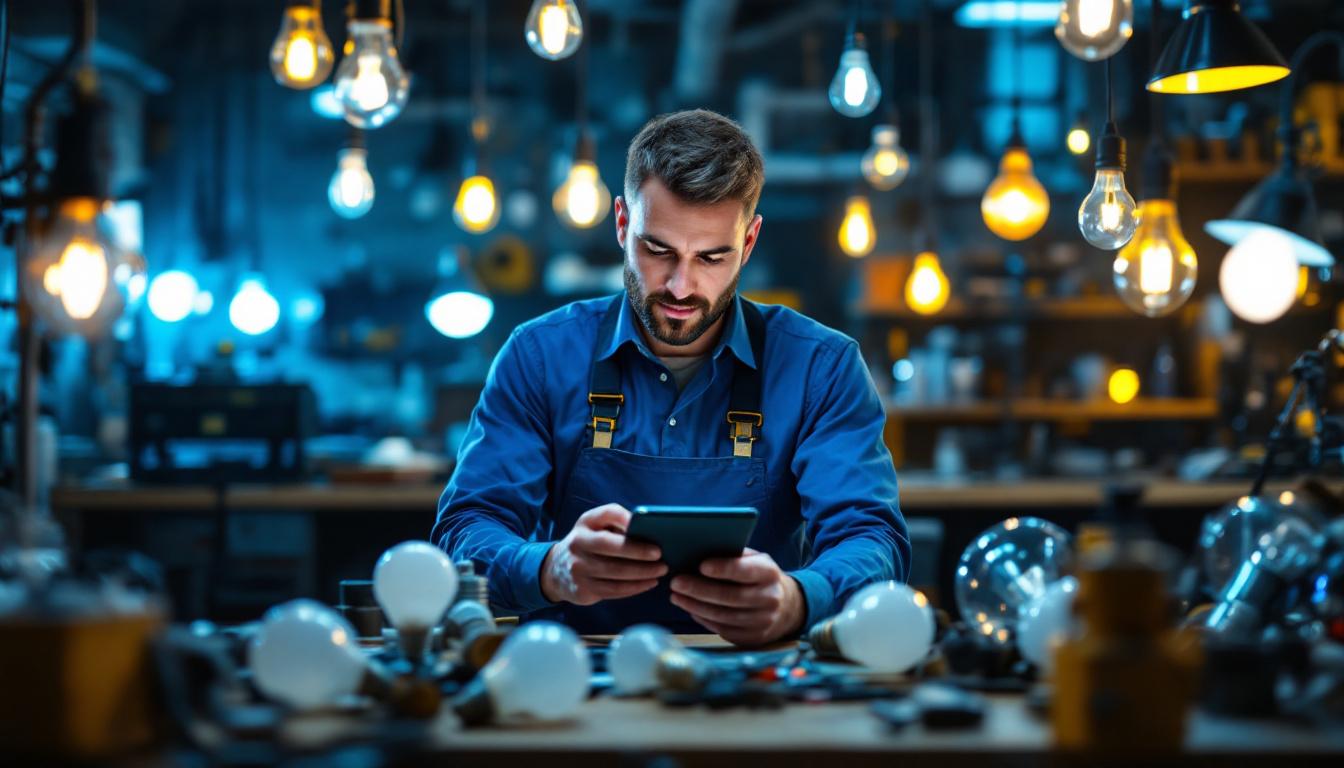 A photograph of a lighting contractor working in a workshop