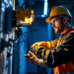A photograph of a lighting contractor efficiently installing emergency battery lights in a dimly lit environment