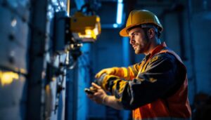 A photograph of a lighting contractor efficiently installing emergency battery lights in a dimly lit environment