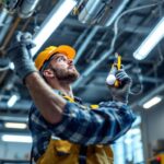 A photograph of a lighting contractor expertly installing t8 and t12 fluorescent bulbs in a commercial setting