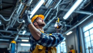 A photograph of a lighting contractor expertly installing t8 and t12 fluorescent bulbs in a commercial setting