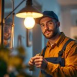 A photograph of a skilled lighting contractor installing a stylish lamp with an energy-efficient light bulb in a modern home setting
