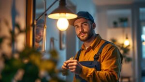 A photograph of a skilled lighting contractor installing a stylish lamp with an energy-efficient light bulb in a modern home setting