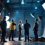 A photograph of a team of warehouse workers collaboratively adjusting and testing various lighting setups