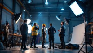 A photograph of a team of warehouse workers collaboratively adjusting and testing various lighting setups
