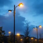 A photograph of a well-lit urban street scene featuring various light poles in use