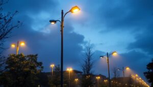 A photograph of a well-lit urban street scene featuring various light poles in use
