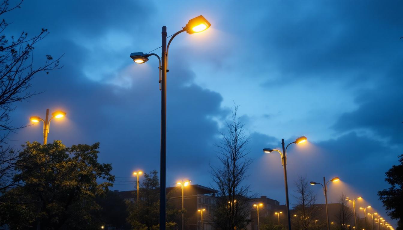 A photograph of a well-lit urban street scene featuring various light poles in use