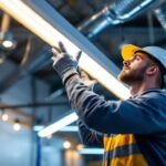 A photograph of a lighting contractor expertly installing or adjusting fluorescent lights in a commercial space