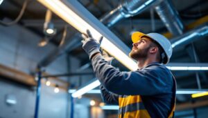 A photograph of a lighting contractor expertly installing or adjusting fluorescent lights in a commercial space