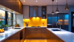 A photograph of a beautifully designed kitchen showcasing under-the-counter lighting