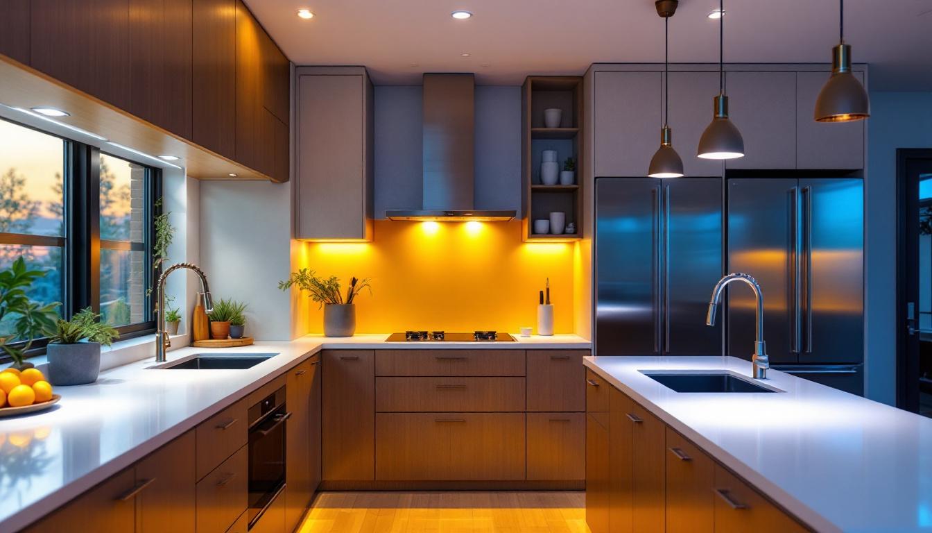 A photograph of a beautifully designed kitchen showcasing under-the-counter lighting