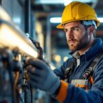 A photograph of a lighting contractor working with an f32t8 ballast