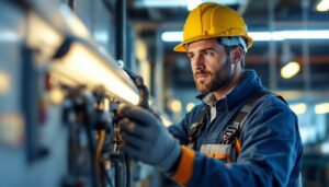 A photograph of a lighting contractor working with an f32t8 ballast