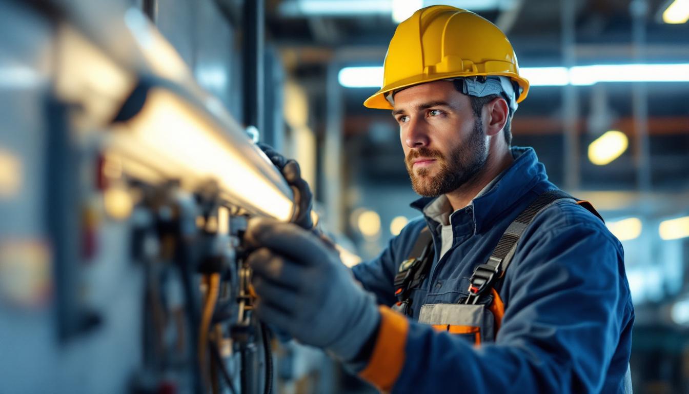 A photograph of a lighting contractor working with an f32t8 ballast