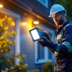 A photograph of a lighting contractor expertly installing led flood lights in a residential outdoor setting