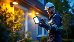 A photograph of a lighting contractor expertly installing led flood lights in a residential outdoor setting