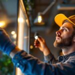 A photograph of a skilled lighting contractor installing or adjusting frame led lights in a modern interior space