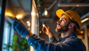 A photograph of a skilled lighting contractor installing or adjusting frame led lights in a modern interior space