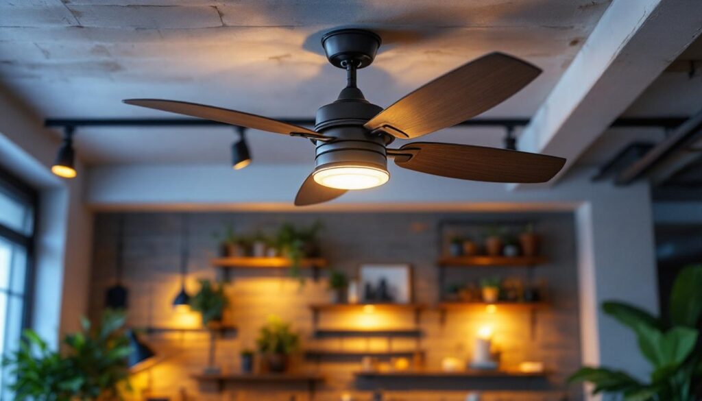 A photograph of a stylish industrial ceiling fan installed in a modern