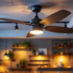 A photograph of a stylish industrial ceiling fan installed in a modern