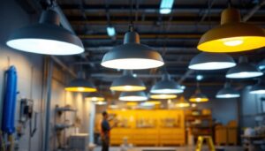 A photograph of a well-lit workspace featuring a variety of ufo led shop lights installed in a commercial setting