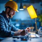 A photograph of a skilled lighting contractor working on a project