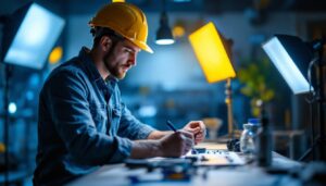 A photograph of a skilled lighting contractor working on a project