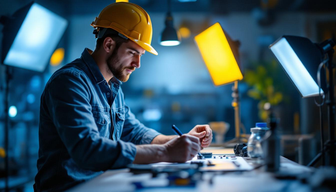 A photograph of a skilled lighting contractor working on a project