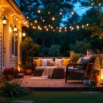A photograph of a beautifully illuminated porch at dusk