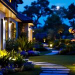 A photograph of a lighting contractor installing outdoor led light strips powered by solar energy in a beautifully landscaped garden during twilight