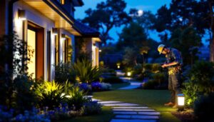 A photograph of a lighting contractor installing outdoor led light strips powered by solar energy in a beautifully landscaped garden during twilight