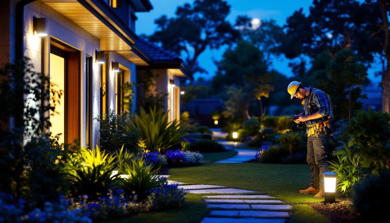 A photograph of a lighting contractor installing outdoor led light strips powered by solar energy in a beautifully landscaped garden during twilight