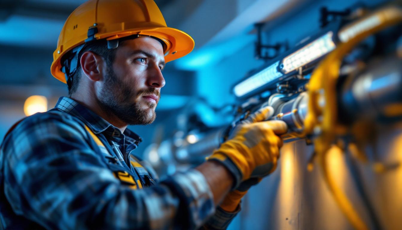 A photograph of a skilled lighting contractor expertly pulling wires through a conduit in a modern residential setting
