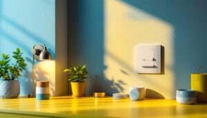 A photograph of a stylishly designed light switch alongside various switch styles and lighting fixtures