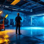 A photograph of a well-lit indoor garage space showcasing various lighting options