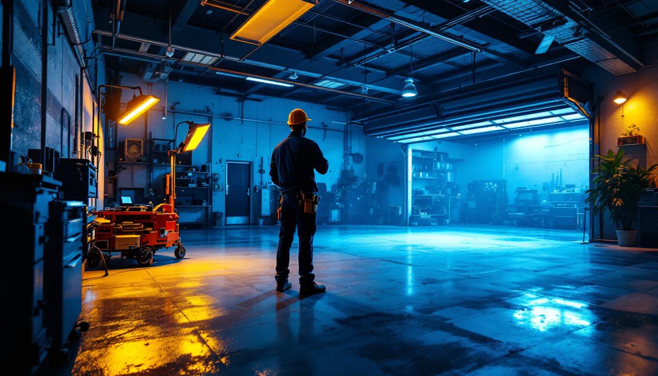 A photograph of a well-lit indoor garage space showcasing various lighting options