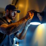 A photograph of a lighting contractor installing or adjusting two led can lights in a modern residential setting