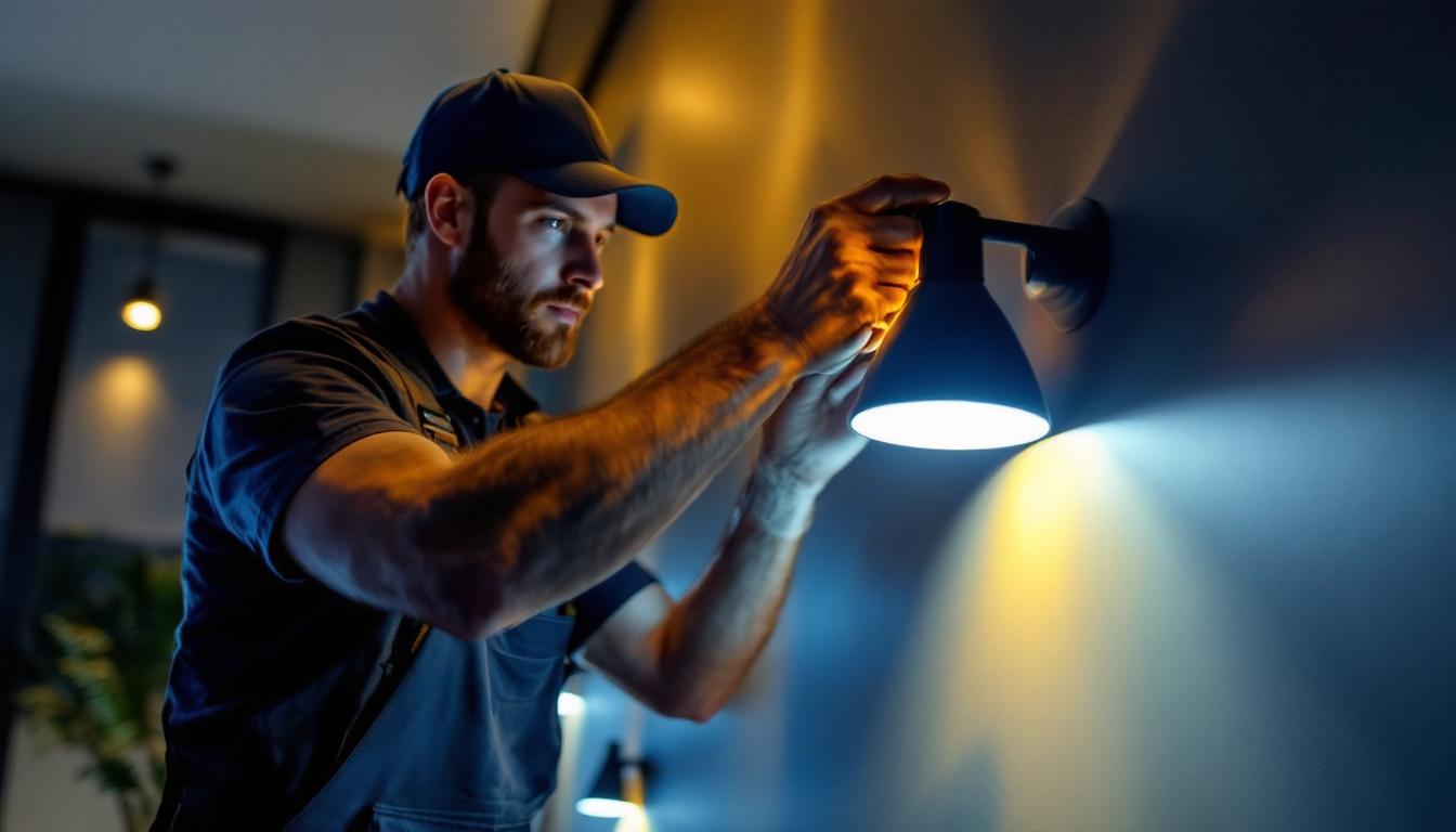 A photograph of a lighting contractor installing or adjusting two led can lights in a modern residential setting
